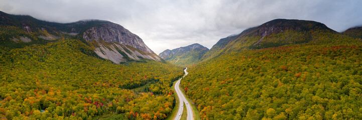 Franconia Notch autumn aerial panorama