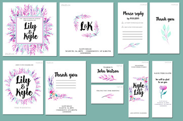Card templates set with watercolor purple and mint branches background; artistic design for business, wedding, anniversary invitation, flyers, brochures, table number, RSVP, Thank you card