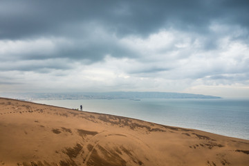 Fototapeta na wymiar Gigant sand dune in Valparaiso bay, Concon, Chile. With the Valparaiso city in the back