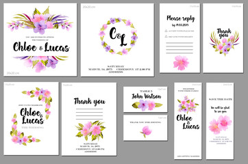 Fototapeta premium Card templates set with pink and purple watercolor wild roses background; artistic design for business, wedding, anniversary invitation, flyers, brochures, table number, RSVP, Thank you card