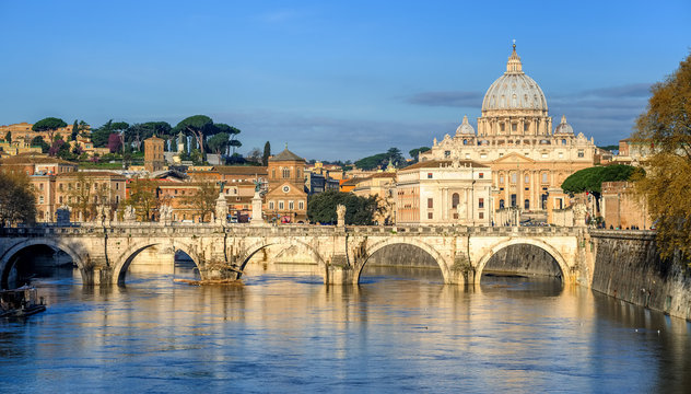 St Peter Basilica and St Angelo Bridge in Vatican, Rome, Italy
