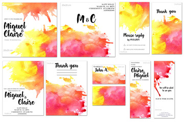 Card templates set with crimson and yellow watercolor splashes background; artistic design for business, wedding, anniversary invitation, flyers, brochures, table number, RSVP, Thank you card