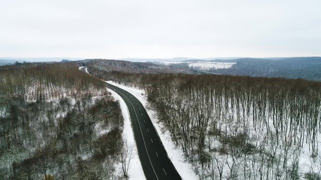 Raod with snowy winter forest