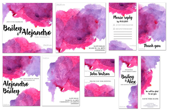 Card templates set with purple and crimson watercolor splashes background; artistic design for business, wedding, anniversary invitation, flyers, brochures, table number, RSVP, Thank you card