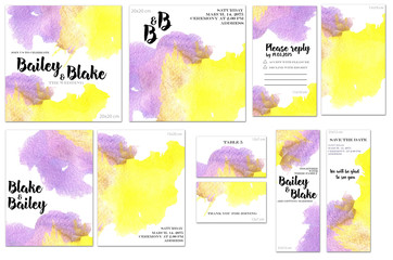 Card templates set with purple and yellow watercolor splashes background; artistic design for business, wedding, anniversary invitation, flyers, brochures, table number, RSVP, Thank you card