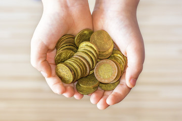 A bunch of small coins in the hands of a little boy. Child saving money.Money from the Czech Republic.