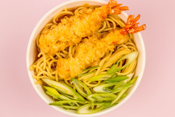 Japanese Style Tiger Prawn Tempura Noodle Soup With Spring Onions