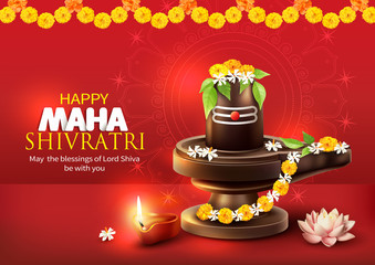 Fototapeta premium Greeting card with lingam and floral decoration for Maha Shivratri, a Hindu festival celebrated of Shiva Lord. Vector illustration.