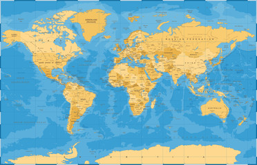 Political Golden Blue World Map Vector