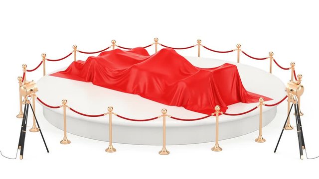 Presentation of racing car concept, podium with bolide covered red cloth, revolves around, animation concept. 3D rendering