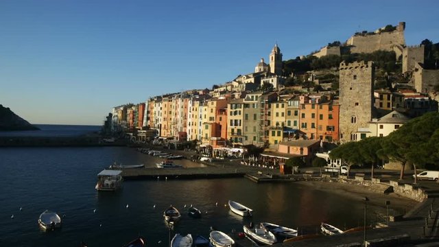 View of Portovenere small colorful town with Doria Castle on Ligurian coast of Italy