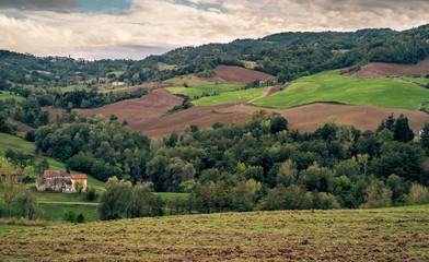Cultivated land in northern Apennines near Bologna, Emilia-Romagna, Italy.