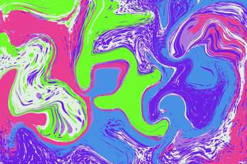 Green violet pink digital marbling. Abstract marbled texture. Liquid paint abstraction.