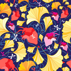 Beautiful pattern of ginkgo leaves and hearts