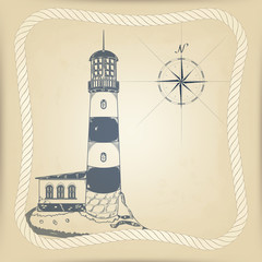 vector sketch of the lighthouse on rock cliff blue ink. the compass with the rays. old map background. frame of rope