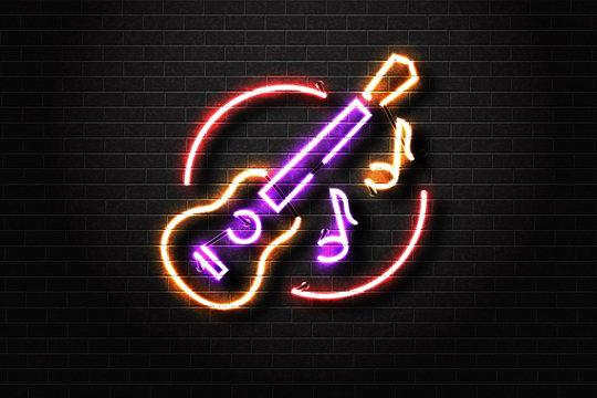 Vector realistic isolated neon sign of guitar and notes for decoration and covering on the wall background. Concept of live music, dj and live concert.