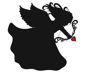 Flying cupid with bow and arrow, heart