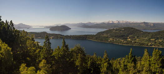 Panoramic of Nahuel Huapi lake in Bariloche, Argentina. The Andes in Patagonia whit green forest