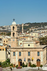 Church towers and minaret in Chania, on the island of Crete.