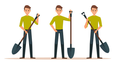 Set Cartoon Male vector character with a shovel. Cleaner boy is holding a shovel.Farmer in working  clothes with a shovel in hand. farming, gardening, agriculture and people concept