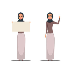 Cartoon business arab woman character with hijab. Smiling girl in hijab pointing left and right. Young Arabic business woman wearing hijab.Vector illustration isolated from white background