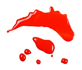 Spilled red watercolor puddle isolated on white background, clipping path, top view