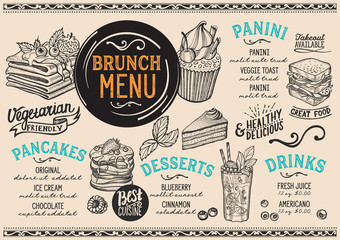 Brunch restaurant menu. Vector food flyer for bar and cafe. Design template with vintage hand-drawn illustrations.