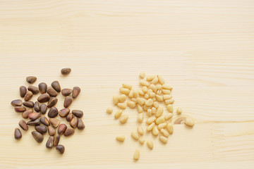 peeled pine nuts, and unshelled pine nuts