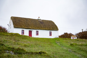 Fototapeta na wymiar thatch roof cottage on inishmore with matching doghouse