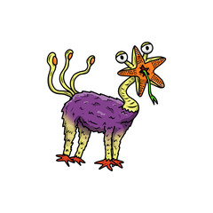 Wacky, Crazy space alien or monster cartoon. Isolated on white. Computer graphic comic original illustration.