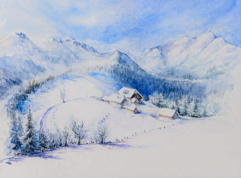 Watercolors oryginal painting of winter mountain landscape and farm covered with snow.