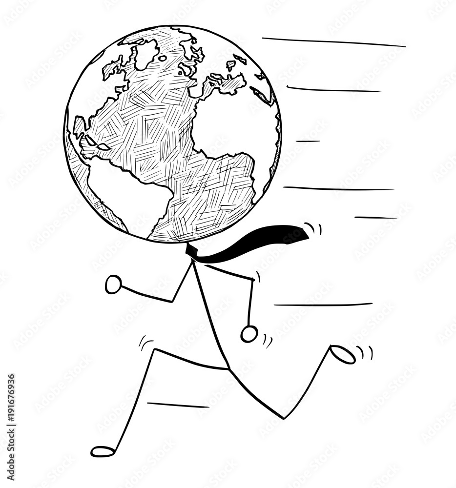 Poster cartoon stick man drawing conceptual illustration of running businessman with earth world globe as h