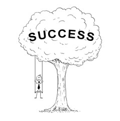 Cartoon stick man drawing conceptual illustration of happy businessman sitting on the tree swing hanging on the branch. Business concept of success.