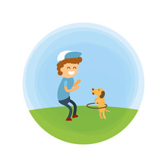 Obraz na płótnie Canvas Little boy and puppy walking at park vector illustration. Training a small dog turns the Hoop like a circus