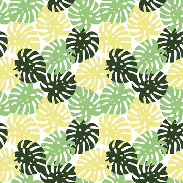 monstera yellow, light green and dark green leaves tropical summer paradise pattern on a white background seamless vector