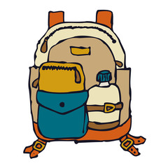 Cartoon image of a backpack with a water bottle a side