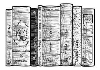 Fototapeta premium Books in a row illustration, drawing, engraving, ink, line art, vector