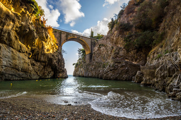Furore is a fjord bay on Amalfi coast with the bridge over the sea - obrazy, fototapety, plakaty