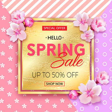 Spring sale  banner with Cherry Blossoms on pink background. Vec