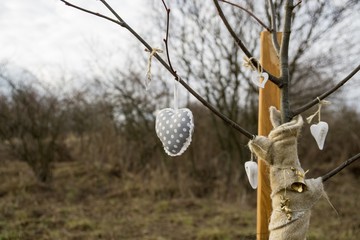 Hearts decorations on the tree. Slovakia