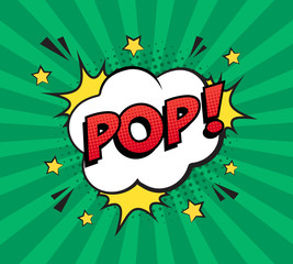 Retro comic speech bubble with colorful halftone shadow on green stripes pattern. Expression text POP. Vector illustration, vintage design, pop art style.