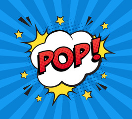 Retro comic speech bubble with colorful halftone shadow on blue stripes pattern. Expression text POP. Vector illustration, vintage design, pop art style.