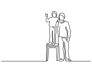 Continuous Line Art Drawing. Happy young father with little son standing on a stool. Vector Illustration