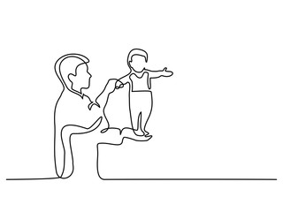 Continuous line drawing. Father holding happy son up in air. Vector illustration