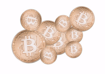 Many bitcoins on a white background