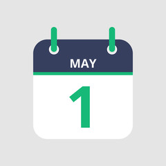 Flat icon calendar 1st of May isolated on gray background. Vector illustration.