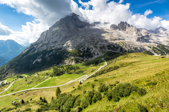 Marmolada glacier - majestic Queen of Dolomites and Passo di Fedaia, Dolomites mountains, Italy