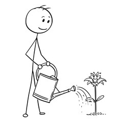 Cartoon stick man drawing illustration of gardener on garden watering blooming plant with can.