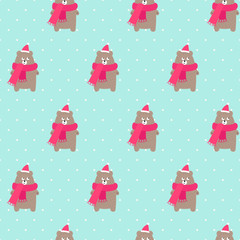 Xmas bear in holidays hat and scarf with snowflakes seamless pattern on polka dots mint green background. Christmas design for textile, wallpaper, fabric.