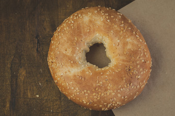Delicious bagel top view, flat flay